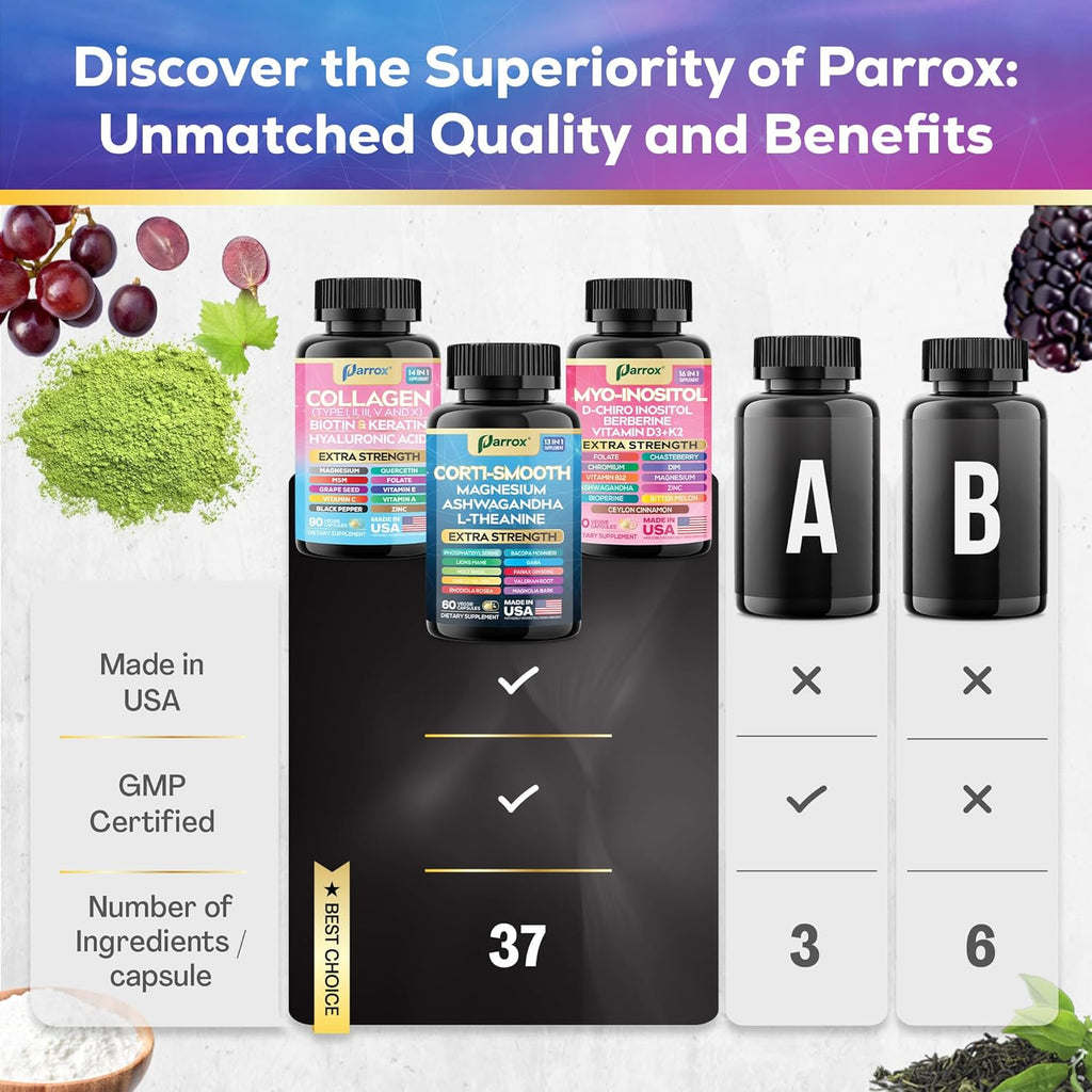 She Shines Set, Collagen Peptides Types I, II, III, V, X, Biotin, Keratin, Myo Inositol, D-Chiro Inositol, DIM, Vitex, Berberine, Cortisol Support, Magnesium, Ashwagandha, L-Theanine Lions Mane