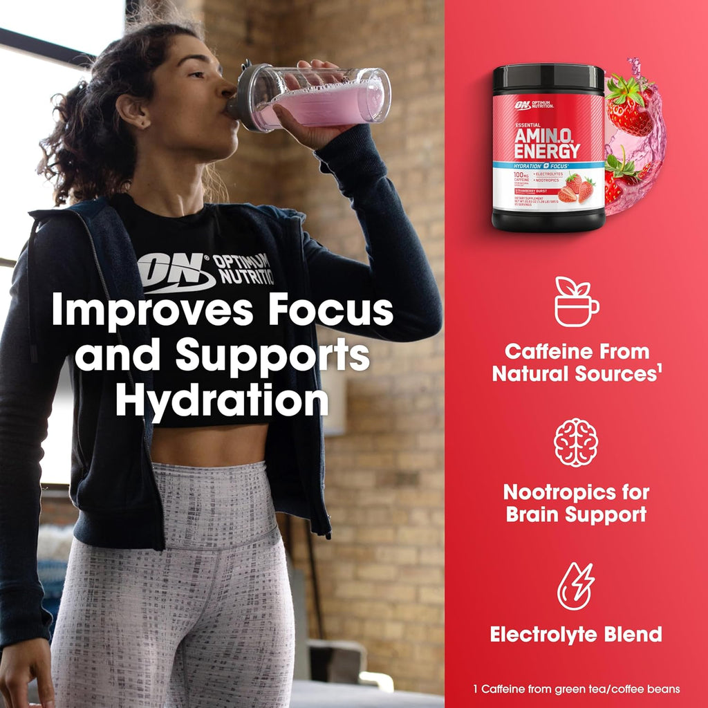 Optimum Nutrition Amino Energy Powder Plus Focus, with BCAA, Electrolytes, and Caffeine, Strawberry Burst, 65 Servings (Packaging May Vary)