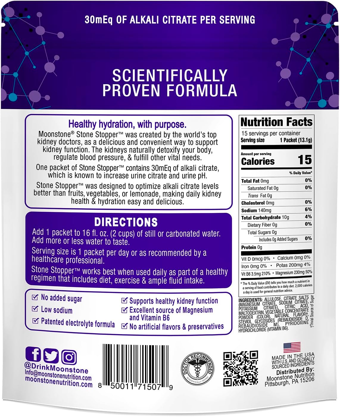 Stone Stopper Drink Mix, Cranberry Raspberry, Kidney Stone Prevention, Calcium Oxalate Protector, Developed by Urologists to Improve Hydration and Support Kidney Health, 15 Day Supply