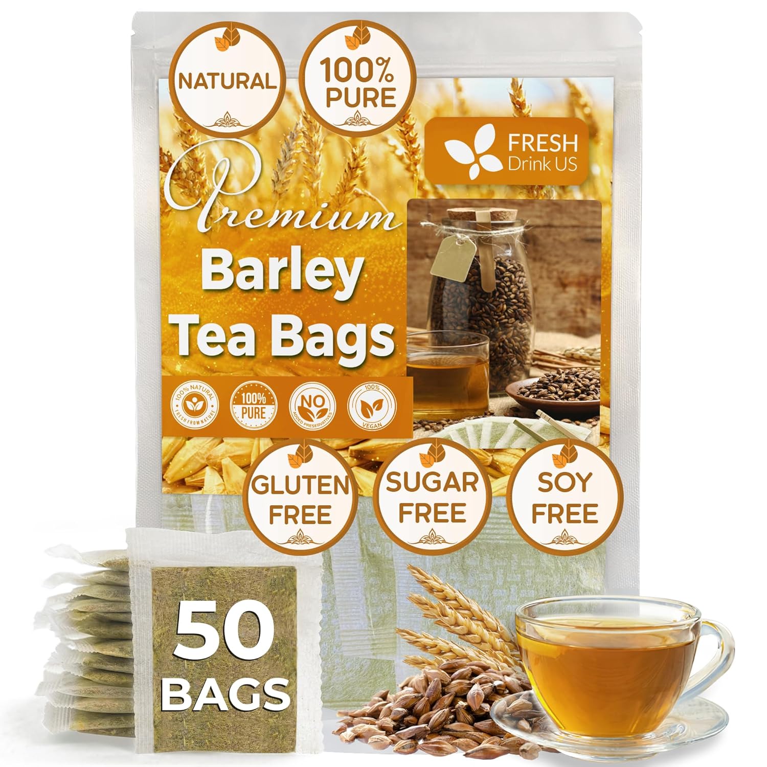 FreshDrinkUS Premium 50 Barley Tea Bags, 100% Natural & Pure. Loose Barley Herbal Tea. Made with Natural Material Tea Bags. No Sugar, No Caffeine, No Gluten, Vegan