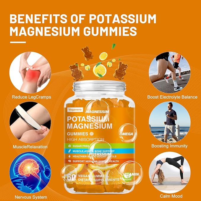 Potassium Magnesium Gummies - High Absorption Magnesium Glycinate & Potassium Citrate Plus Coenzyme Q10, DHA, D3, Mineral & Calcium for Zzz, Leg Cramps & Muscle - 60 Orange Gummies