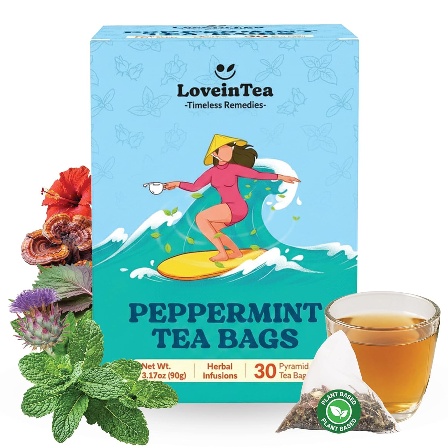LoveinTea Peppermint Herbal Tea Bags, Caffeine-Free, 100% Natural Vietnamese Peppermint Blend, Plant-Based Pyramid Bags, 30 Count