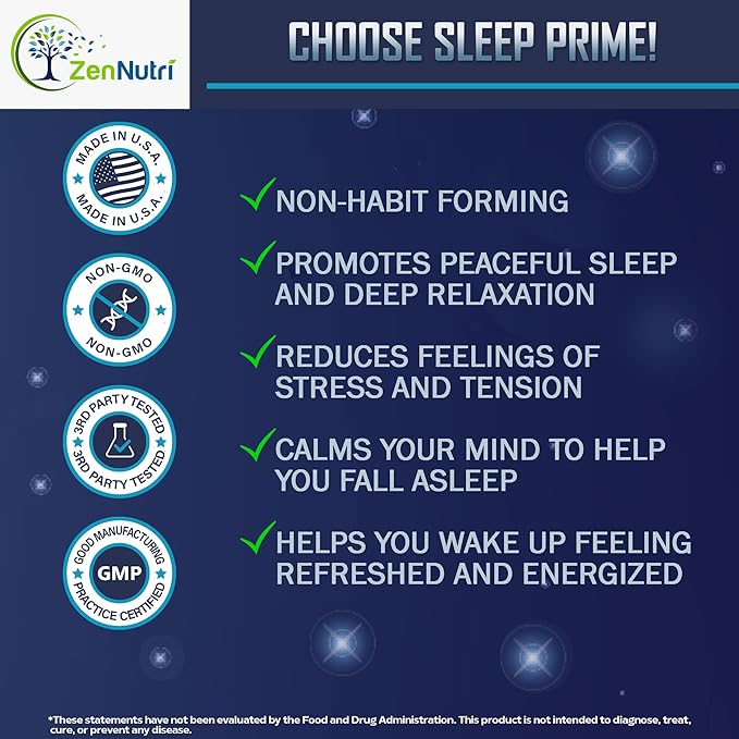 Sleep Prime Vegan Natural Sleep Aid for Adult Extra Strength - Deep Sleep Supplement - Herbal Sleeping Pill - Stress Relief - Melatonin, GABA - 60 Veggie caps