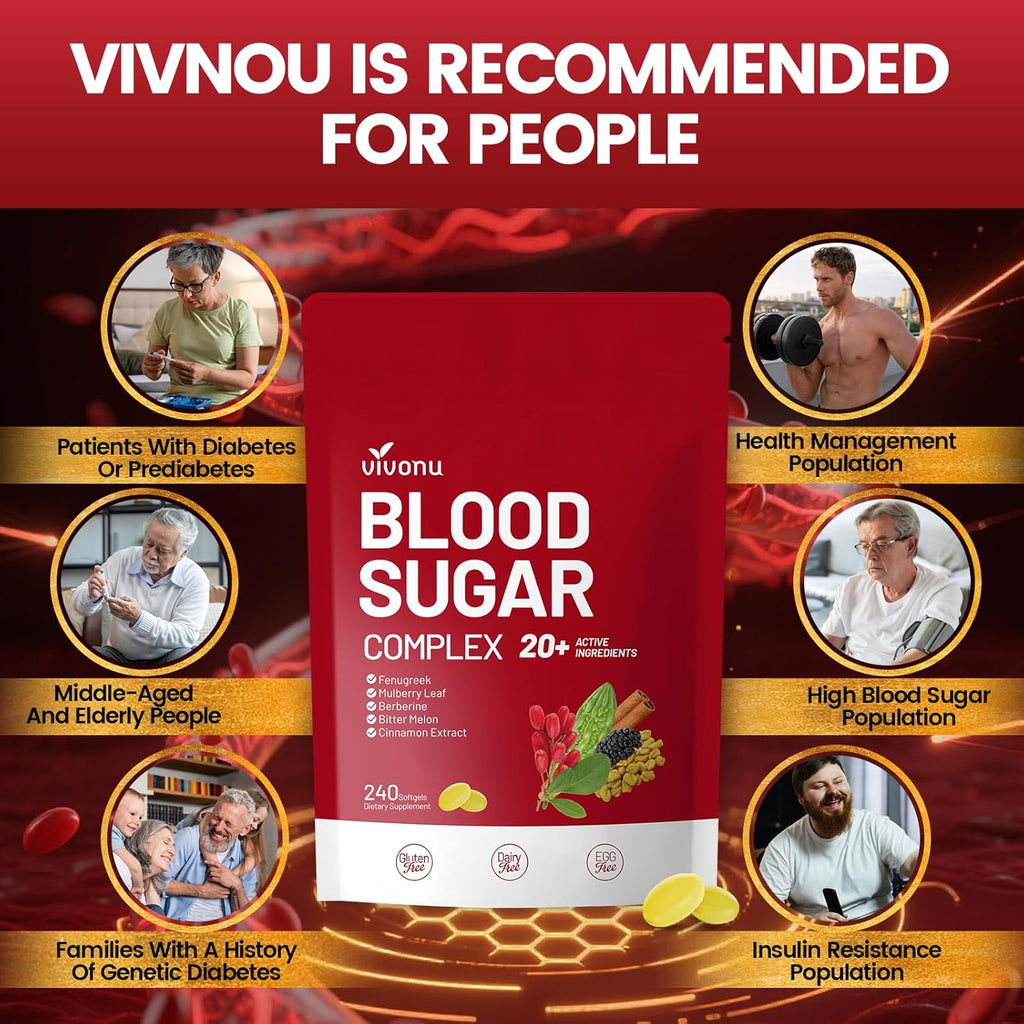 VivoNu Blood Sugar Complex Supplement | Advanced Formula with 20 Herbs and Vitamins with Cinnamon, Turmeric, Black Pepper, Licorice and More, Vegan, Non-GMO, Gluten-Free (720 Softgels-3 Bag)