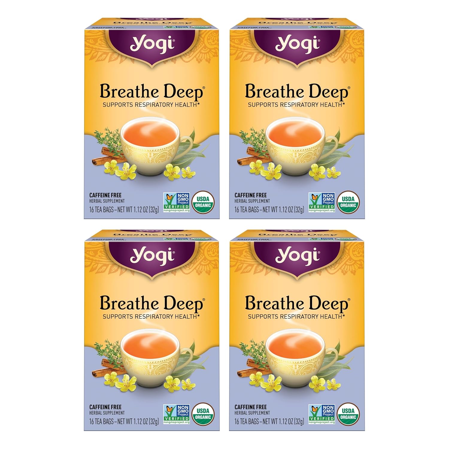 Yogi Tea Breathe Deep Tea - 16 Tea Bags per Pack (4 Packs) - Organic Respiratory Tea - Supports Respiratory Health - Includes Licorice Root, Eucalyptus Leaf, Ginger Root & Cinnamon Bark