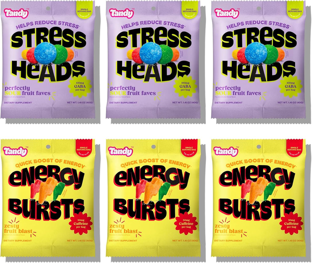 Tandy Stress Heads & Energy Bursts Gummies I GABA Amino Acid & Caffeine Gummy I Sour Fruit & Zesty Fruit Flavors I I Stress Relief & Energy Boost Gummies Variety Pack I 6-Pack