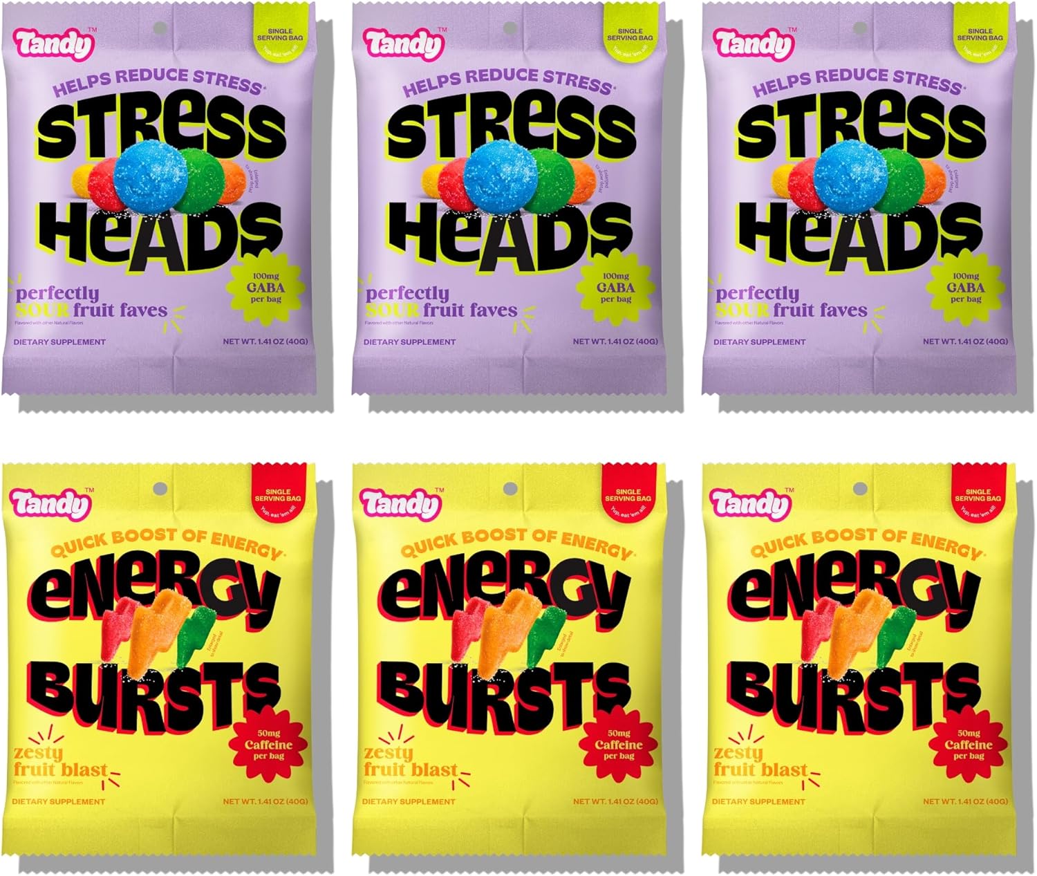 Tandy Stress Heads & Energy Bursts Gummies I GABA Amino Acid & Caffeine Gummy I Sour Fruit & Zesty Fruit Flavors I I Stress Relief & Energy Boost Gummies Variety Pack I 6-Pack