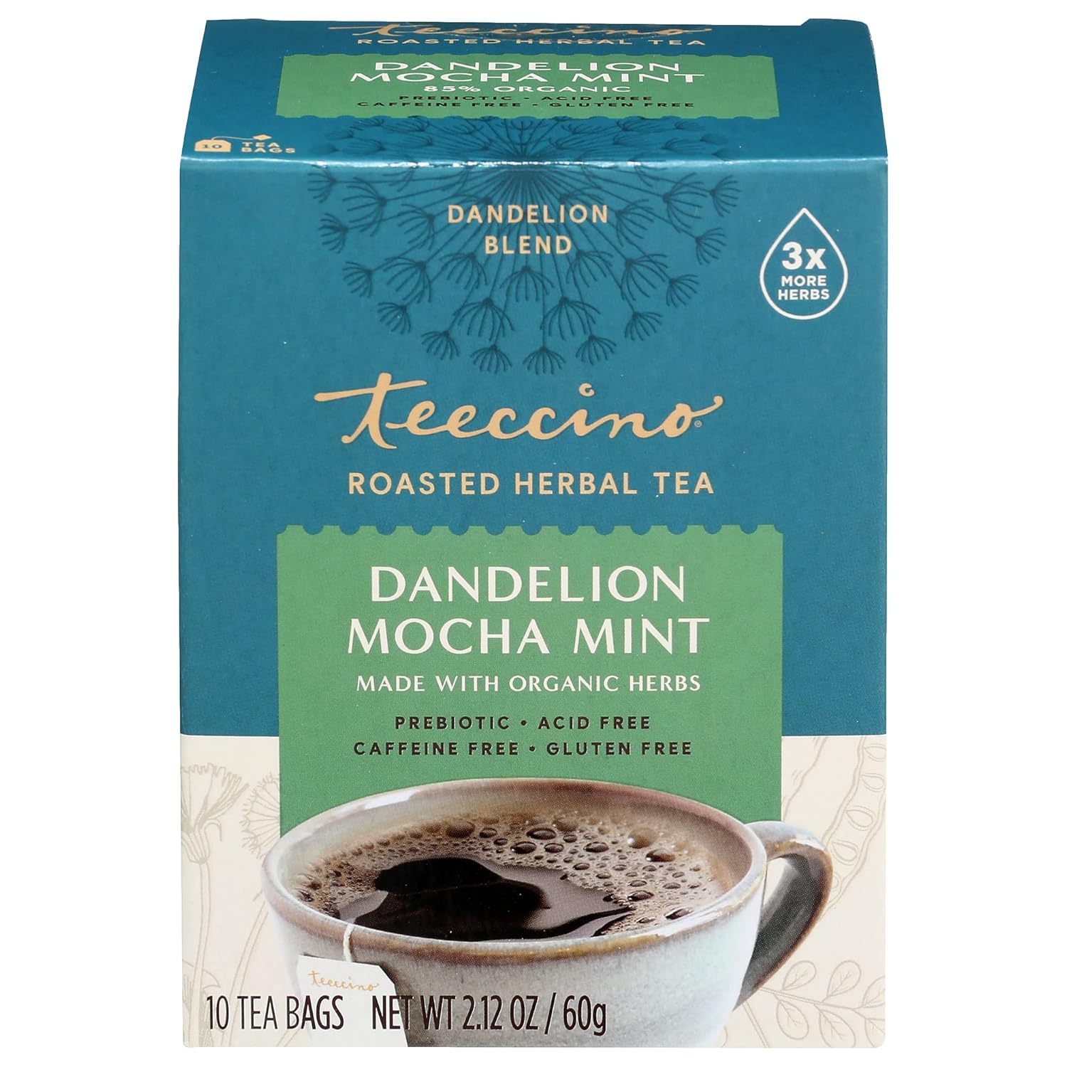 Teeccino Dandelion Mocha Mint Tea - Caffeine Free, Roasted Herbal Tea with Prebiotics, 3x More Herbs than Regular Tea Bags, Gluten Free - 10 Tea Bags