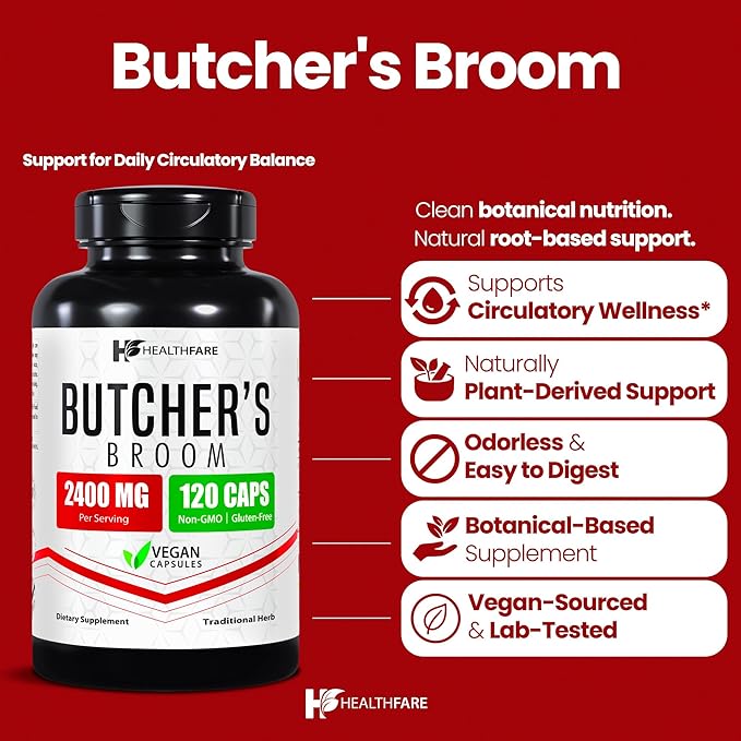 Healthfare Butchers Broom Supplement | Capsules Extract 2400mg | 120 Vegetarian Pills | Premium Herbal Root Supplement | Circulation & Vein Support | Non-GMO, Gluten-Free | Made in USA