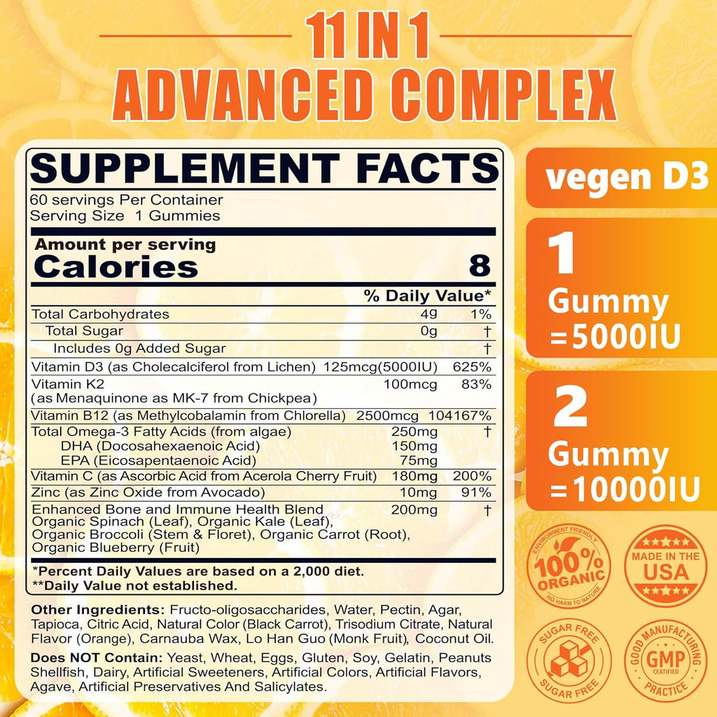 Vitamin D3 K2 Gummies 5000IU / 10,000 IU with Omega-3 250mg+K2(MK-7) 100mcg -5X Absorption Than Standard D3K2,with Vitamin C,Zinc,and 5 Organic Vegetables,Supports Bone & Teeth Strength, Immune,1 Pack
