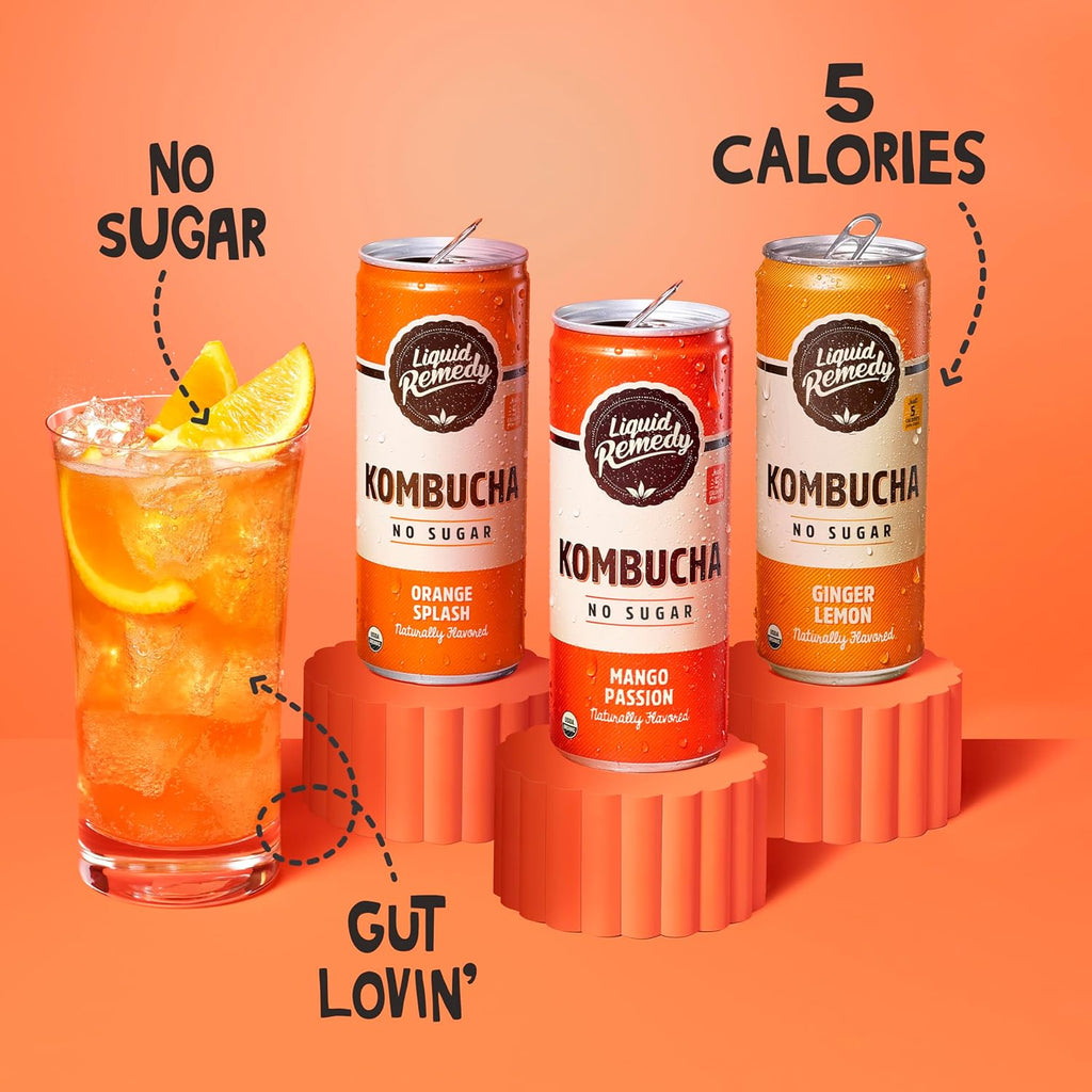 Liquid Remedy Kombucha Sugar Free Organic Drink, Low Calorie, Probiotic Like Tea for Gut Health - Tropical Trio Variety Pack - 8.5 Fl Oz Can, 12-Pack
