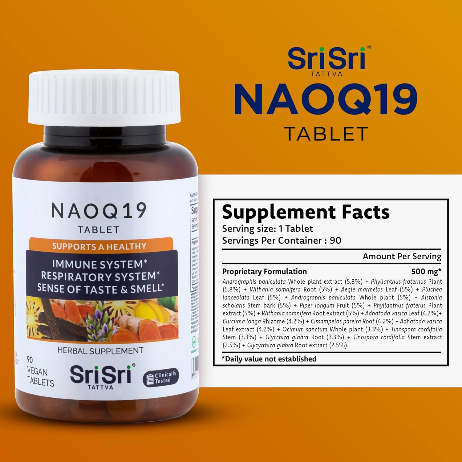 SRI SRI TATTVA NAOQ19 Immunity Support – Ayurvedic Herbal Supplement with Ashwagandha, Turmeric, Licorice, Tulsi, Andrographis – Respiratory & Adrenal Support – 19 Herbs & Adaptogens – 90 Capsules