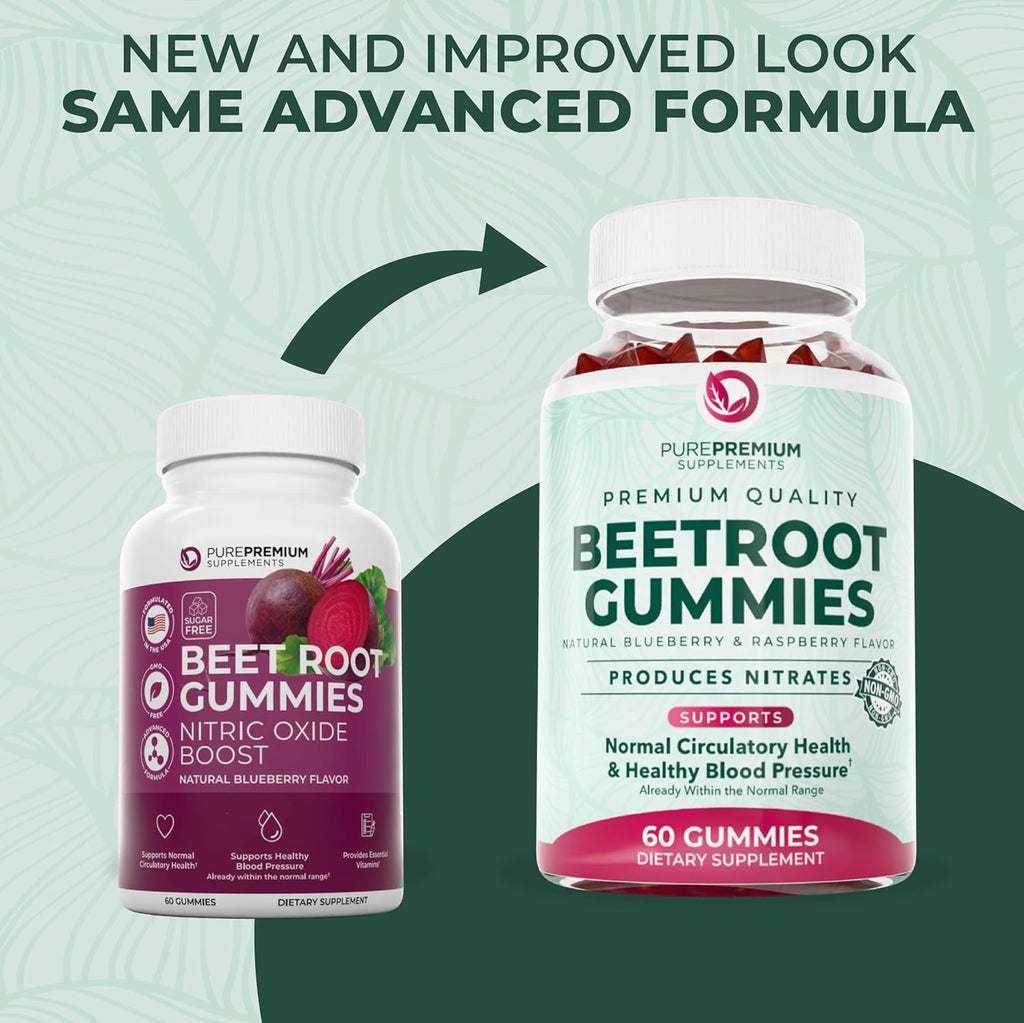 PurePremium Beet Root Gummies - 60 Sugar Free Chews (50:1 Equivalent 1500 mg) - Super Nitric Oxide Beetroot Gummies | Natural Blueberry Flavor - Supplements for Normal Blood Pressure