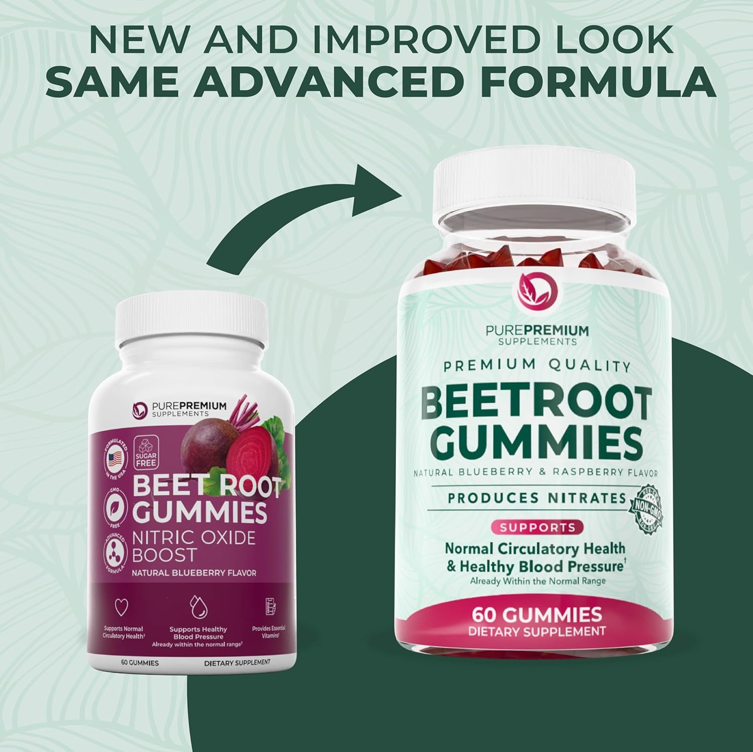 PurePremium Beet Root Gummies - 60 Sugar Free Chews (50:1 Equivalent 1500 mg) - Super Nitric Oxide Beetroot Gummies | Natural Blueberry Flavor - Supplements for Normal Blood Pressure