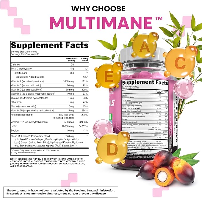 Clean Nutraceuticals Biotin Collagen Keratin Gummies | Hair Skin and Nails Vitamins for Women | Hyaluronic Acid Bamboo Vitamin A C D3 E Folate with Saw Palmetto Silica B3 B12 Vegan Gummy