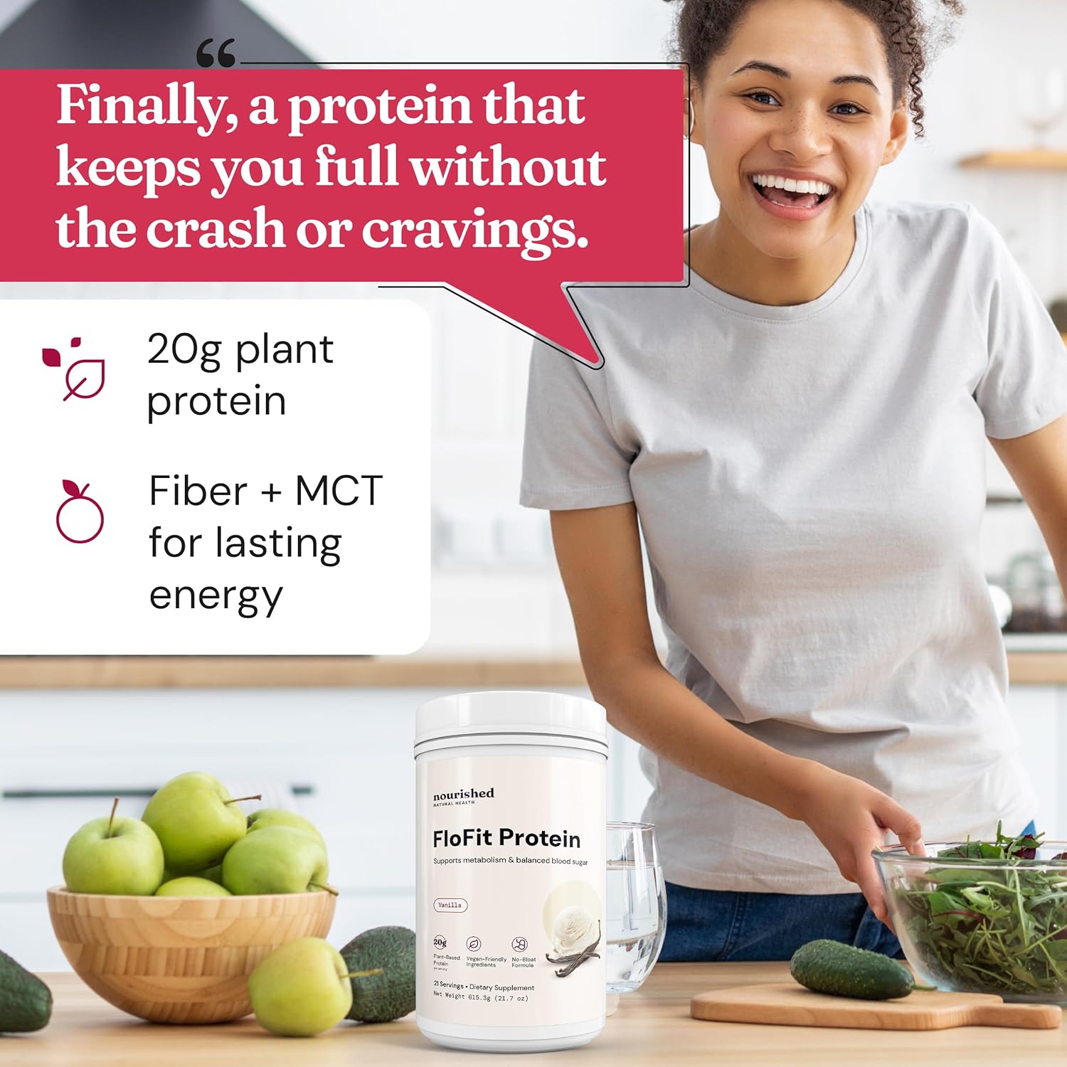 Nourished Natural Health FloFit Pea Protein Powder - Hormone Balance for Women - Vegan Protein Powder Plant Based with Low-Carbs - Supports Acne, Regulates Cycle, Easy to Digest - Caffeine Free.