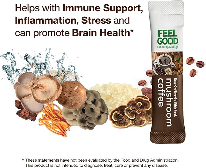 Feelgood Company Mushroom Coffee with 10 Organic Mushrooms and Arabica Coffee, 30 Stick Packs, Zero Added Sugar, Supports Immune Health and Brain Function
