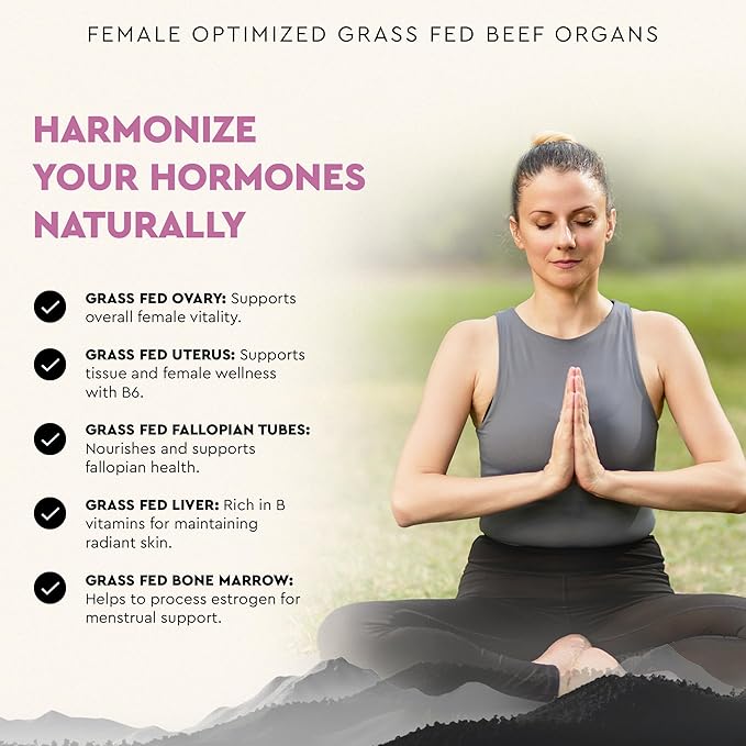 Beef Organ Supplement for Women – Supports Hormone Balance, Energy & Wellness – Grass Fed, Pasture Raised Superfood – Liver, Heart, Kidney, Bone Marrow – Collagen, CoQ10, B12 – Female Support Blend
