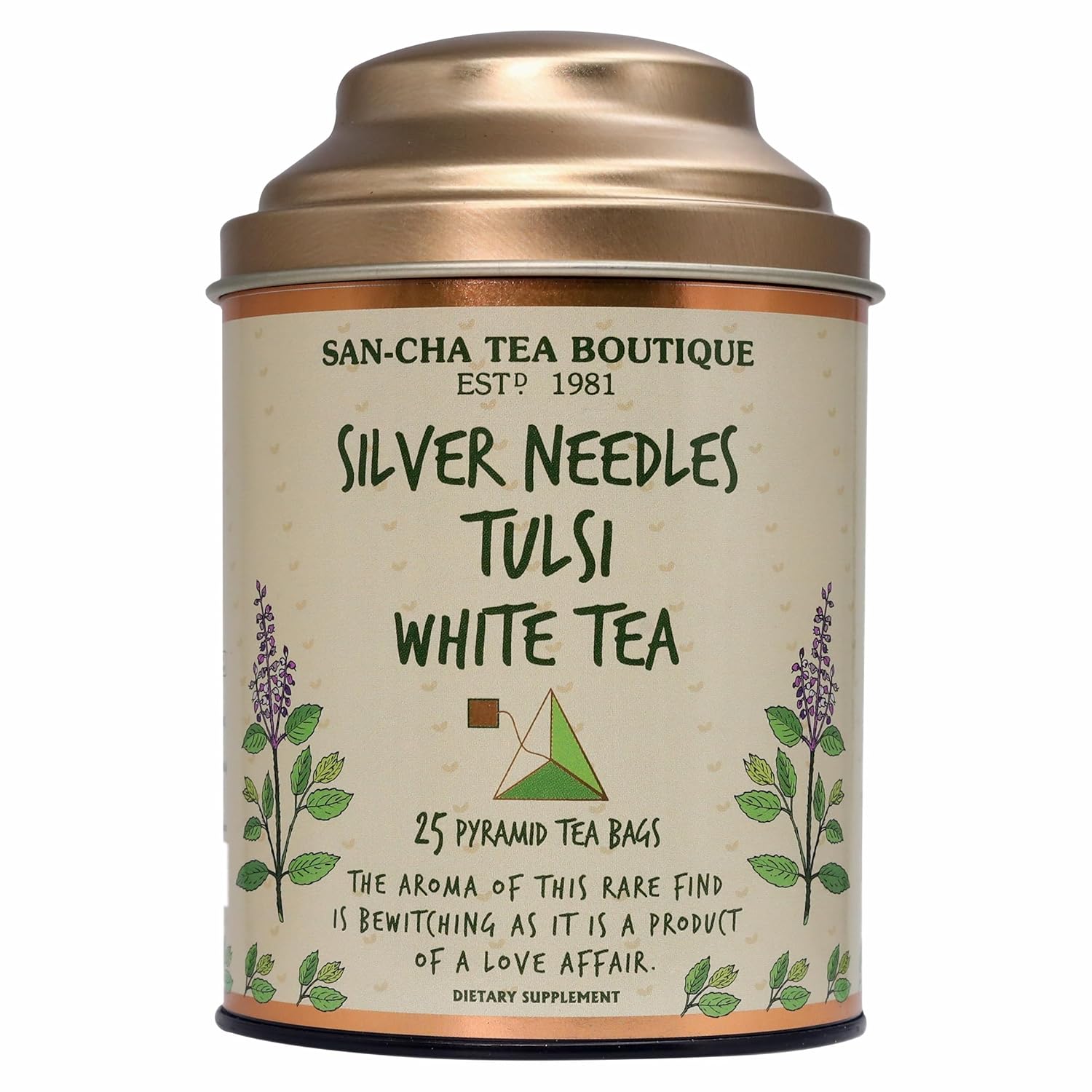 Sancha Tea Boutique Tulsi White Tea | 25 Pyramid Bags | Indian Holy Basil Leaves with Silver Needle White Tea | Rich in Antioxidants & Wellness