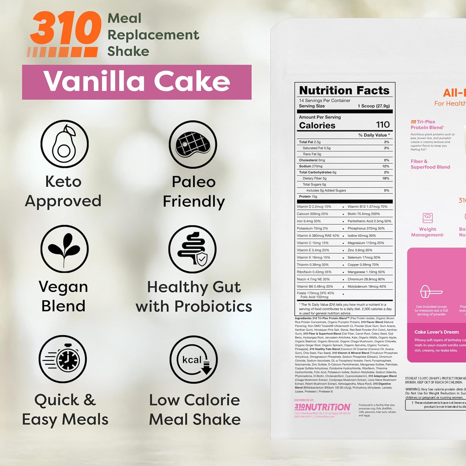 310 Nutrition All-In-One Meal Replacement Shake Powder - Plant-Based Protein Smoothie Blend w/High Fiber, Probiotics & Adaptogens - Low Carb, Vegan, Keto & Paleo Friendly - Vanilla Cake - 14 Srv