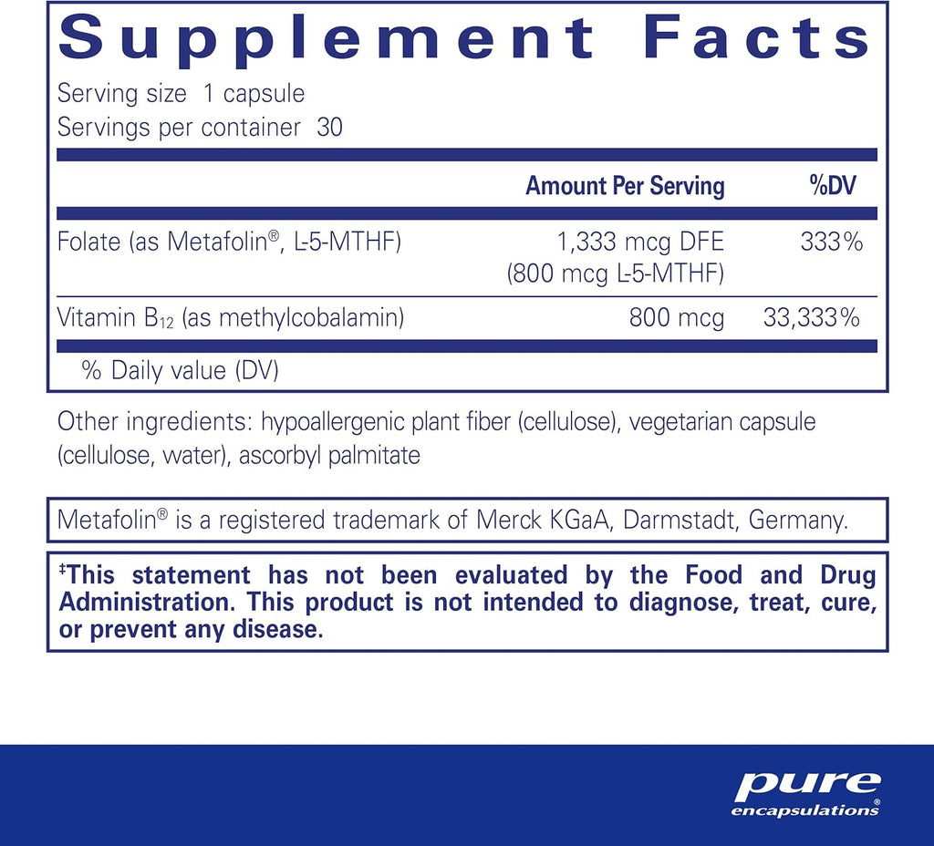 Pure Encapsulations B12 Folate - Energy Supplement to Support Nerves, Energy Metabolism & Cognitive Support* - with Vitamin B Folate as Metafolin - 30 Capsules