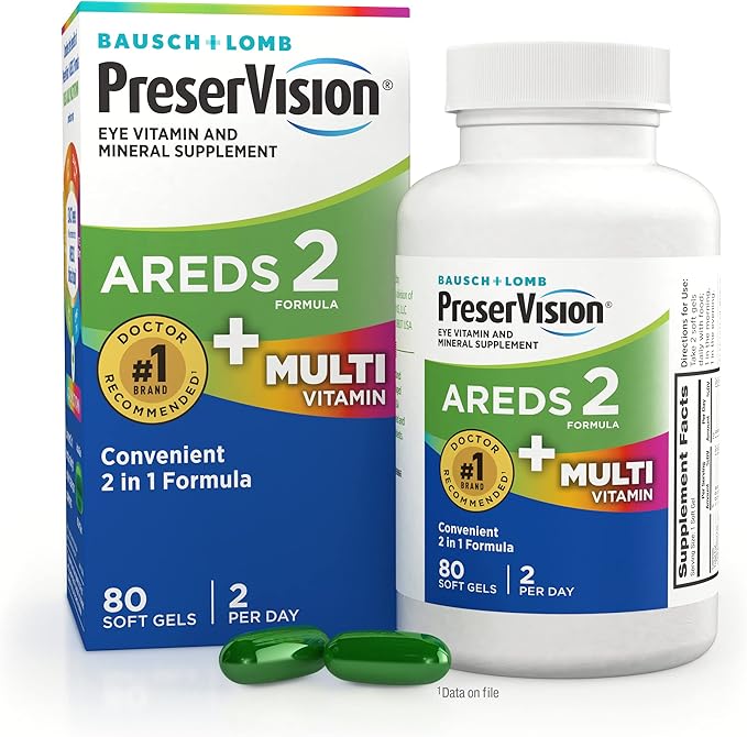 PreserVision AREDS 2 + Multivitamin, #1 Eye Doctor Recommended Brand, 2-in-1 Eye Vitamin with Lutein, Zeaxanthin, Zinc, and Vitamin C, D & E, 80 Softgels