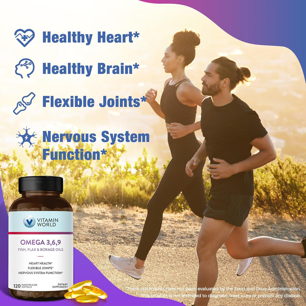 Vitamin World Triple Omega 3-6-9 3000mg with Fish, Flax, Borage & Evening Primrose Oils, Omega-3 Fatty Acids with EPA & DHA, Supports Heart, Brain & Immune Health, Gluten Free, 120 Softgels