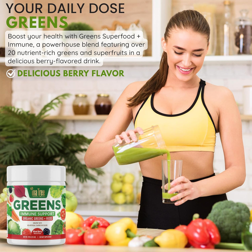 Greens Powder Immune Support, Superfood Blend with 20 Organic Greens & Superfruits, Boost Energy Level, Digestive Enzymes & Prebiotic Blend, Natural Mixed Berry Flavor (9.5 Oz)