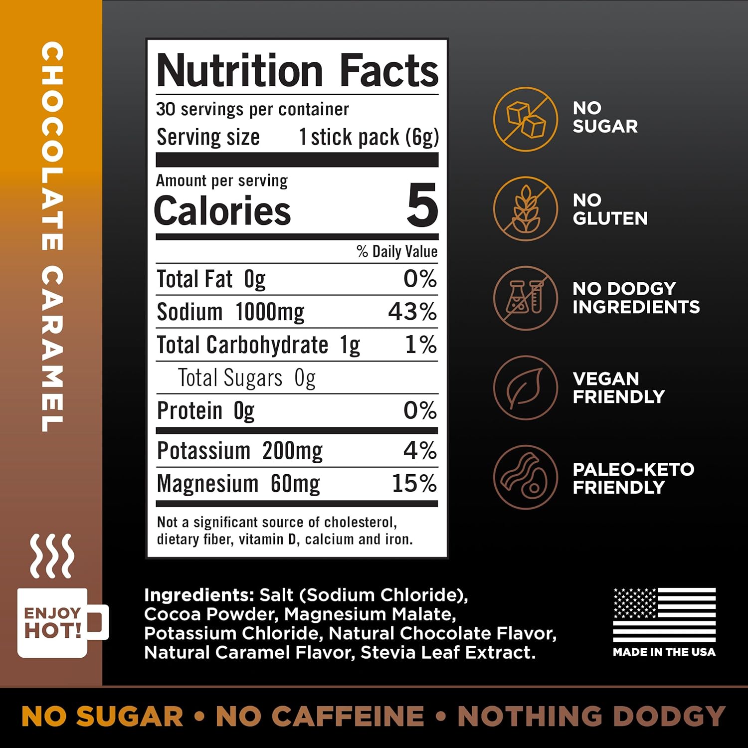 LMNT Zero Sugar Hot Chocolate or Coffee Mixer - Chocolate Caramel Salt | Drink Mix | 30-Count
