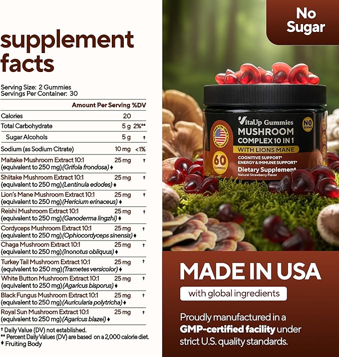 Mushroom Gummies for Adults - USA Made 10 in 1 Mushroom Supplement - Mushroom Complex with Lions Mane, Cordyceps, Turkey Tail, Reishi, Shiitake for Cognitive & Immune Support - 60 Count