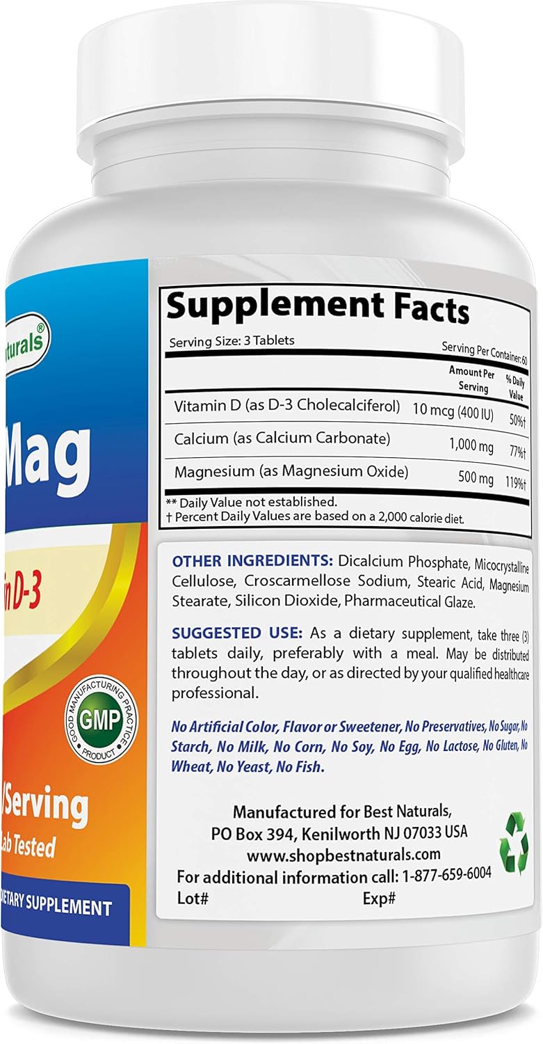 Best Naturals Calcium Magnesium with Vitamin D3 1500mg Serving 180 Tablets (180 Count (Pack of 1))