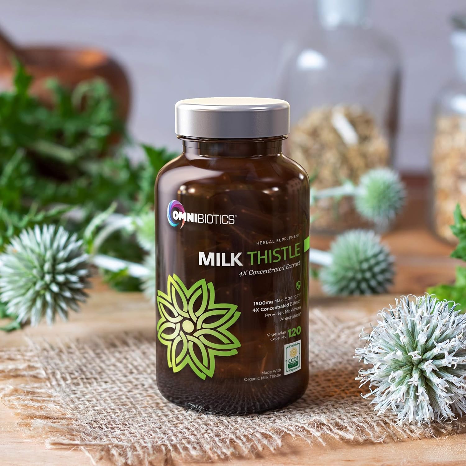 OmniBiotics Organic Milk Thistle Supplement 1500mg – 4X Concentrated Extract with Silymarin – High Potency Liver Detox & Support – 120 Vegan Capsules