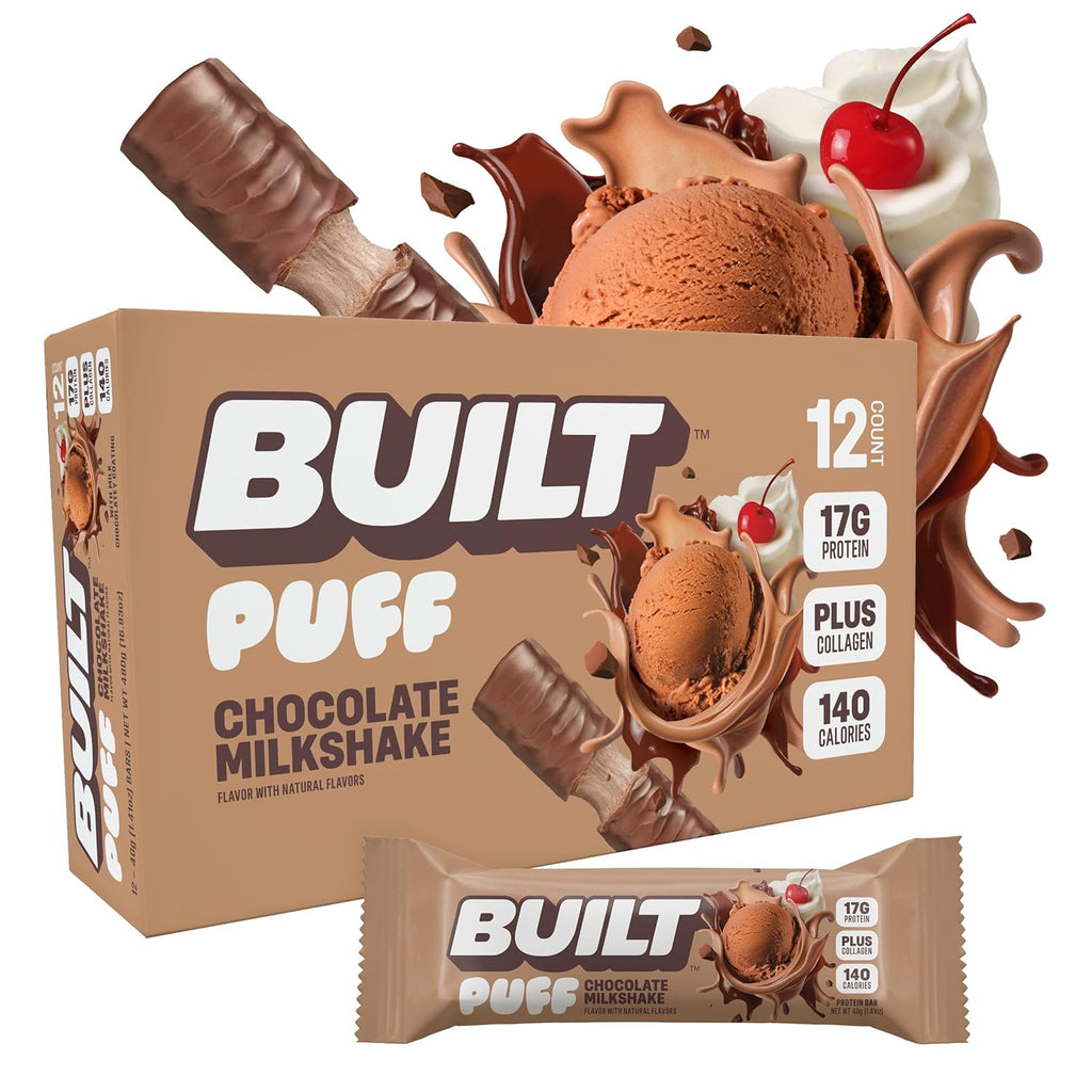Built Bar Puff Protein Bars, Chocolate Milkshake, Collagen, On-the-go Snacks, Gluten Free, 12 Pack