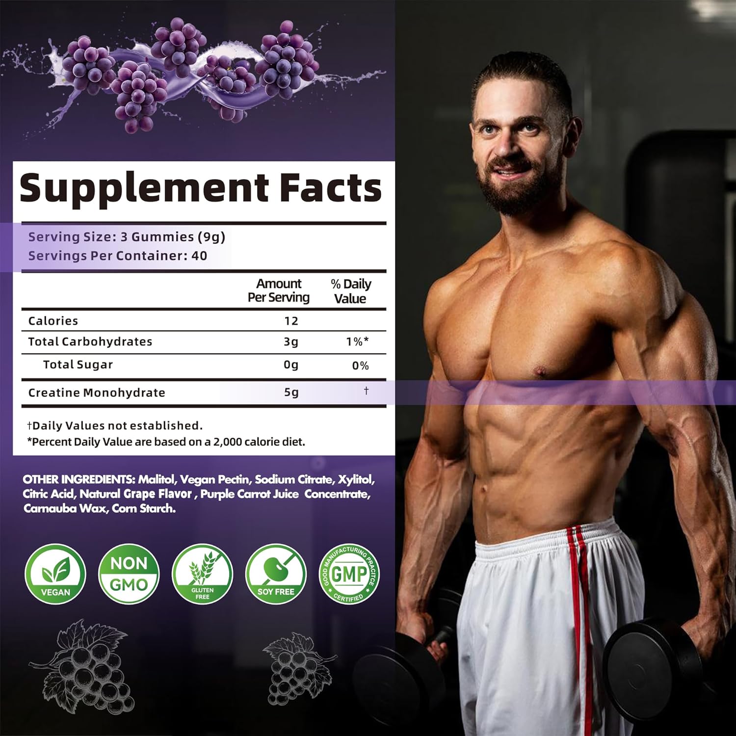Creatine Monohydrate Gummies for Men & Women-5g of Creatine Monohydrate per Serving - Sugar Free,Vegan, Grapes Flavor, 120 Count