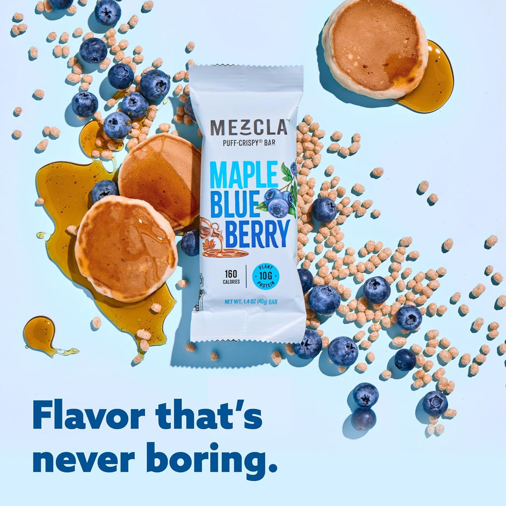 Mezcla Puff Crispy Protein Bars, Gluten Free & Vegan Protein Bars, 10g Protein, Alt for Crispy Rice Treat, Granola Bars & Breakfast Bars, Healthy Snacks for Adults, Maple Bluberry, 12 Pack