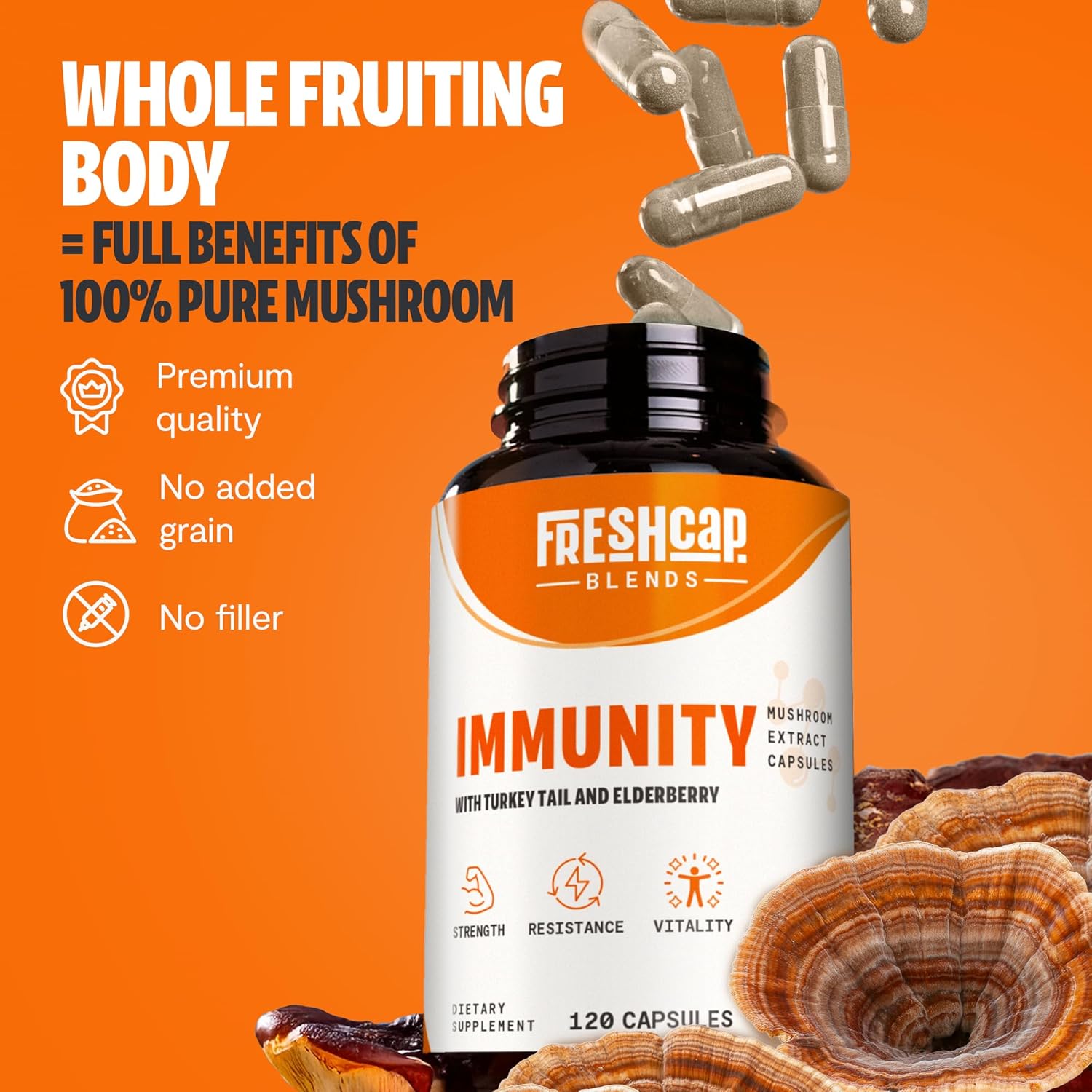 FreshCap 7-in-1 Immune Support Supplement - 5000mg Turkey Tail Mushroom Capsules, Immune Boosters for Adults, Immunity Boost Supplement, Elderberry Vitamin C and Zinc, Ayurveda (120 Capsules)