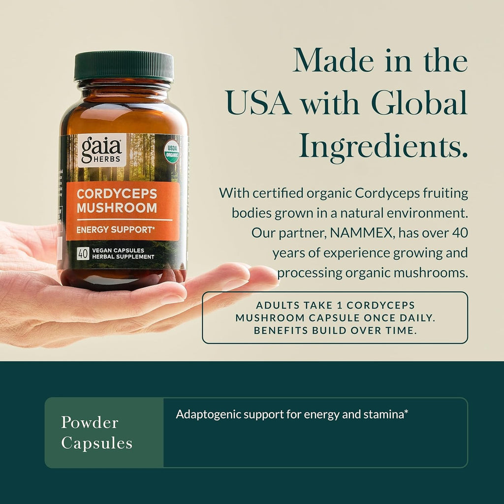Gaia Herbs Cordyceps Mushroom - Energy Support Supplement for Sustaining Energy, Endurance, and Stamina - with Organic Cordyceps Mushroom - 40 Vegan Liquid Phyto-Capsules (40-Day Supply)