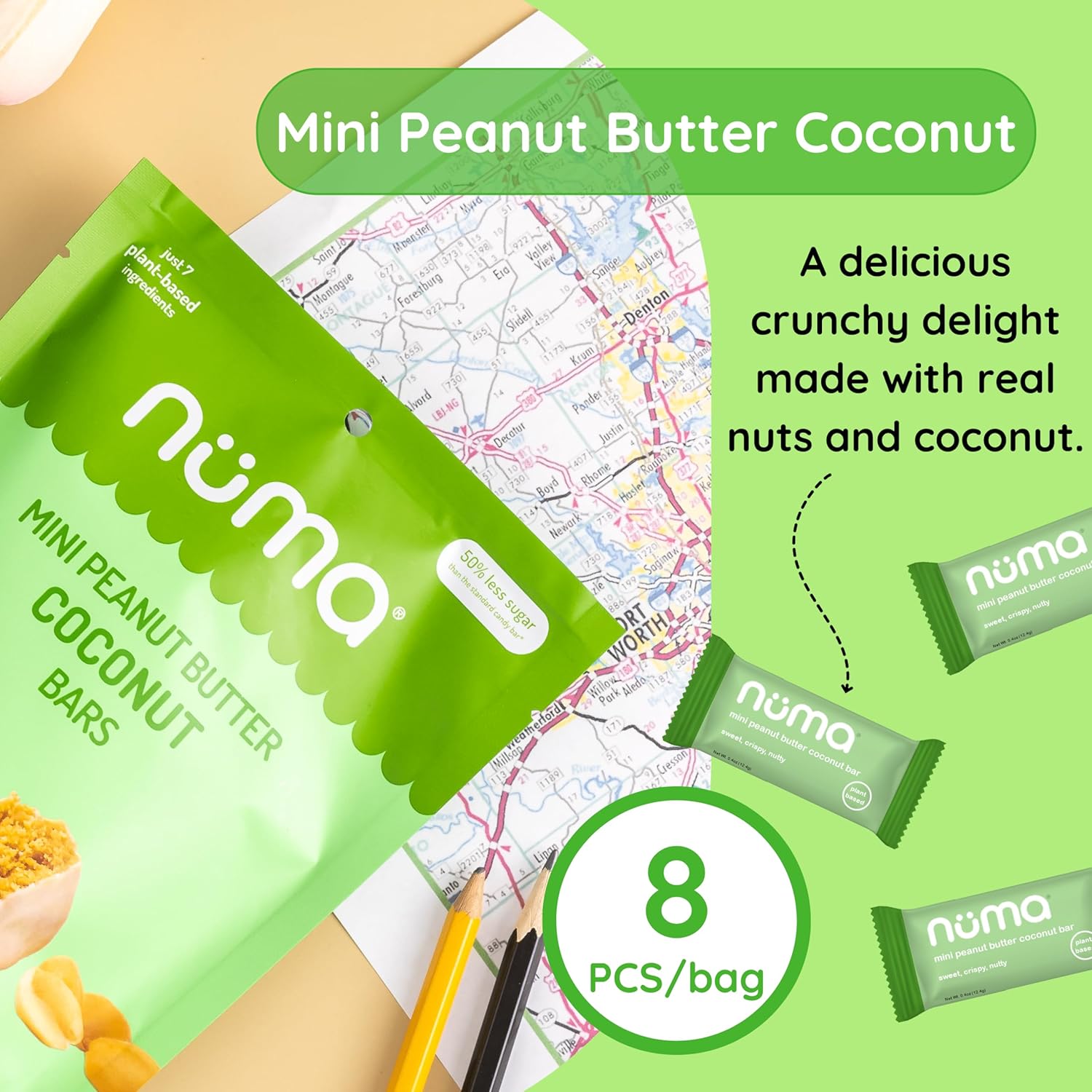 Numa Foods Mini Coconut Peanut Butter Bars – Vegan, Low Sugar, High Protein, All Natural, Gluten Free – Crunchy Plant Based Peanut Butter Snacks – 3 Bags with 8 Individually Wrapped Protein Bars