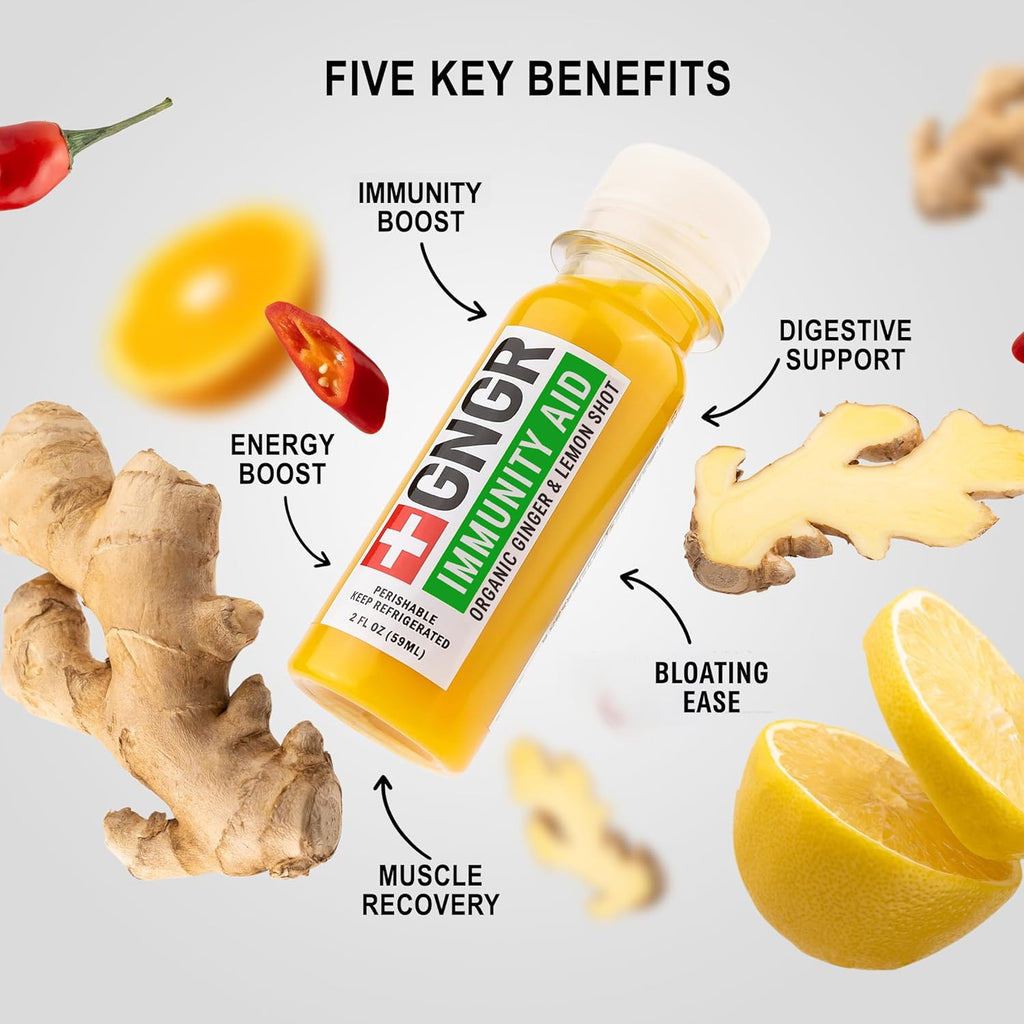 +GNGR Immunity Aid Organic Ginger and Lemon Shot - Cold Pressed Ginger Shots with Echinacea, Lemon Juice, Honey, Zinc & Vitamin D3, Immune & Digestive Support (2 Oz, Pack of 12)