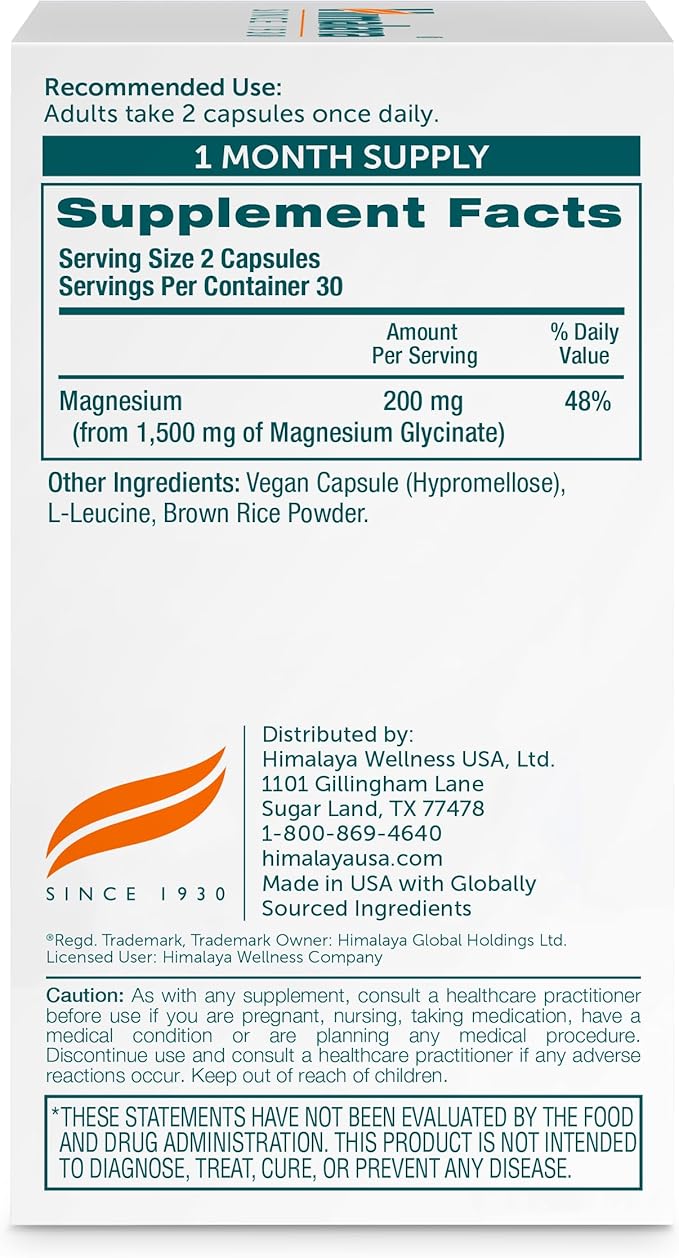 Himalaya Magnesium Glycinate, 60 Vegan Capsules, High Absorption Dietary Supplement for Muscle Function, Bone Health, and Relaxation, Chelated, Non-GMO, Gluten-Free, 200mg per 2 Capsule Serving