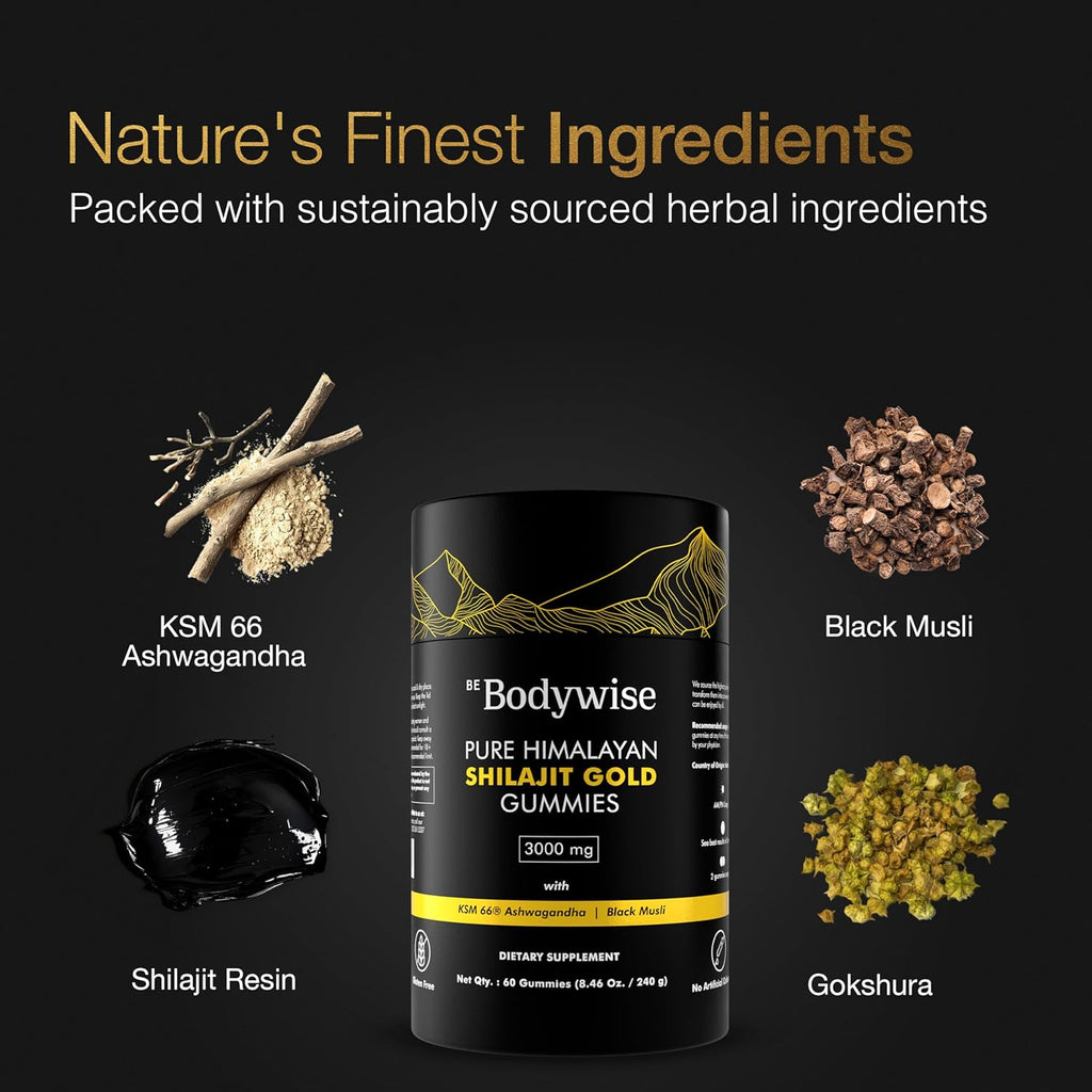 Be Bodywise Pure Himalayan Shilajit Gummies Gold I No Added Sugar I Ashwagandha, Gokshura| Fulvic Acid & 85+ Trace Minerals I for Men, Women I Non-GMO I 100% Natural & Organic I 120 Gummy I Pouch