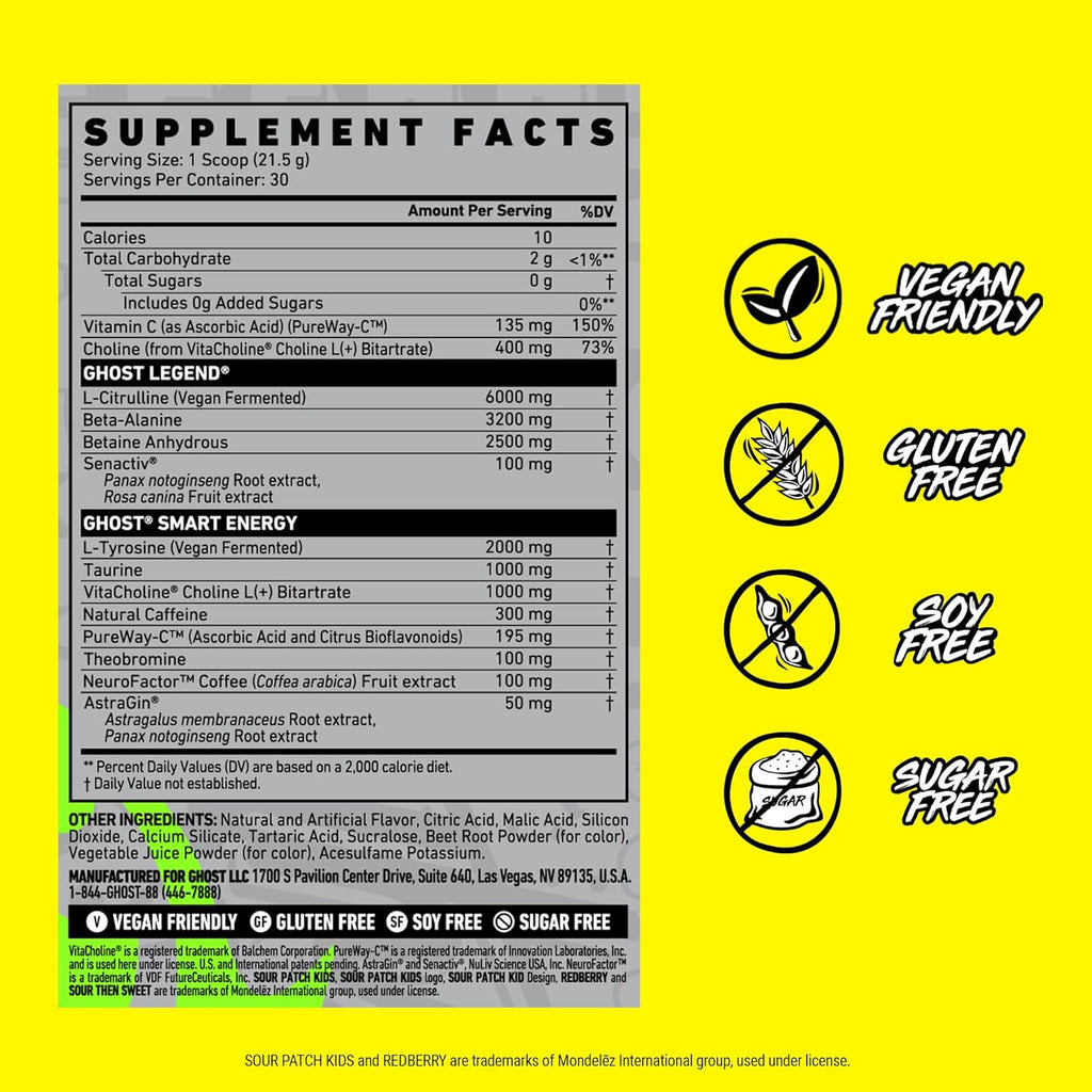 GHOST Legend Pre-Workout Powder, SPK Redberry - 30 Servings – Pre-Workout for Men & Women with Choline, L-Citrulline, & Beta Alanine for Energy & Focus