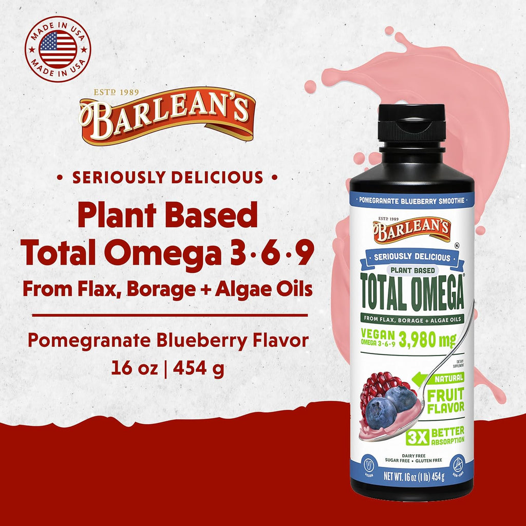 Barlean's Liquid Flaxseed, Borage and Algae Oils Omega 3 Supplement, Pomegranate Blueberry Flavor, Vegan EPA and DHA, Flax and Borage Seed Oil with 3,980 mg of Omega-3-6-9, 16 oz