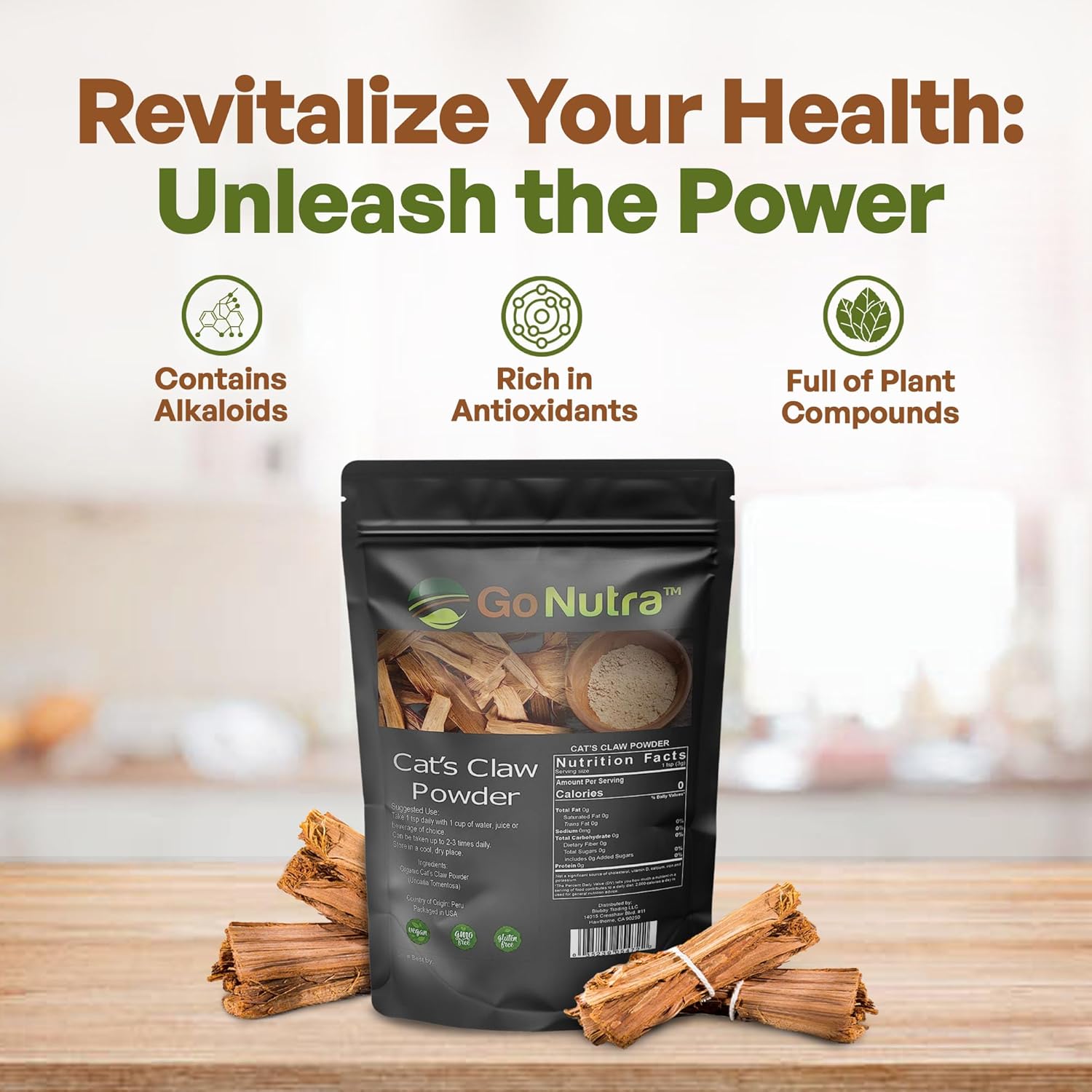 Go Nutra - Cat’s Claw Powder, Pure Cats Claw Herbal Supplement Wildly Harvested from Peru, All Natural UNA de Gato for Water, Tea, Juice, and More, Non-GMO, Gluten-Free, Vegan, 8 oz
