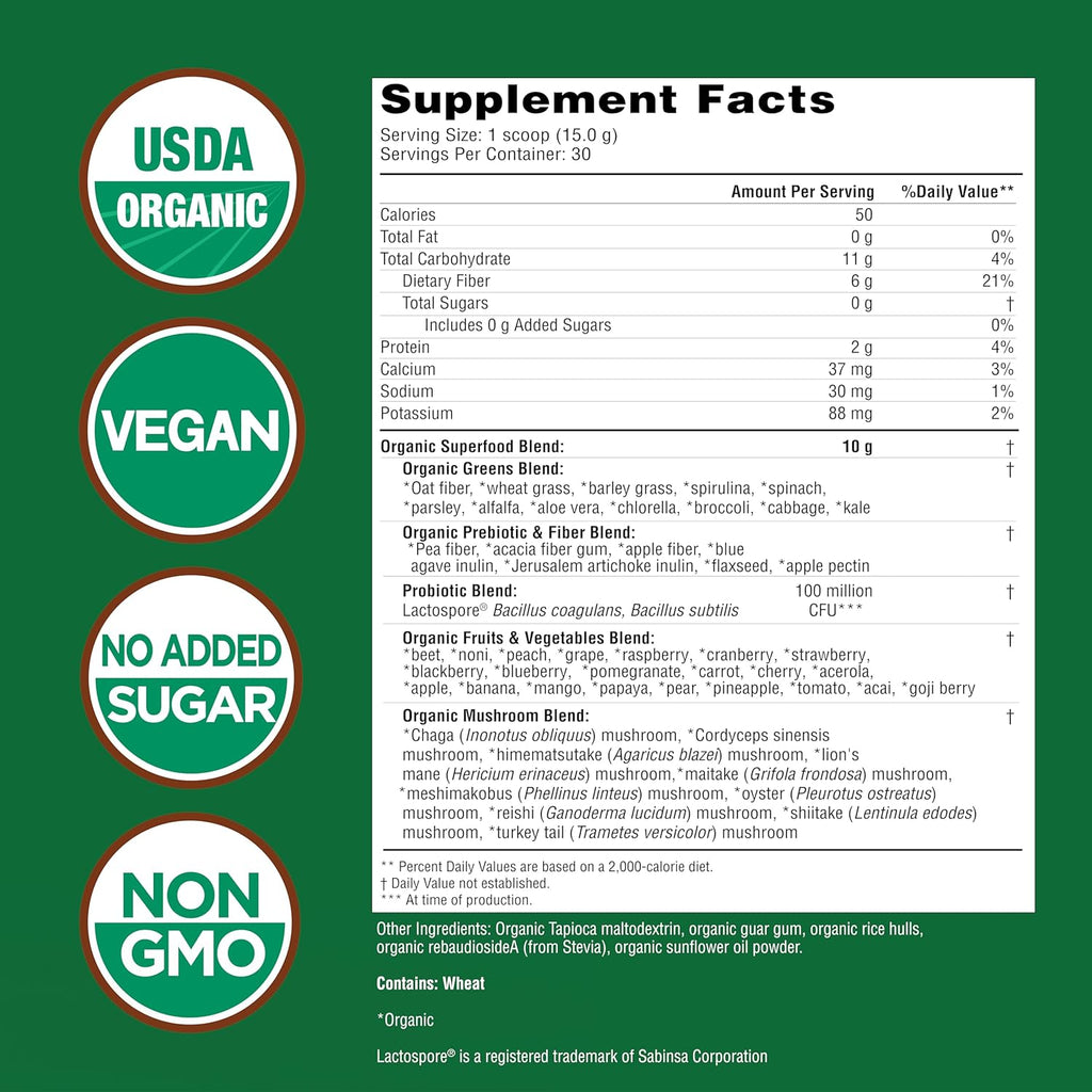 Country Farms Super Greens Natural Flavor, 50 Organic Super Foods, USDA Organic Drink Mix (Wheat Grass, Spirulina, Chlorella) Mushrooms & Probiotics, Fiber, Gut Health, Natural Energy, 30 Servings