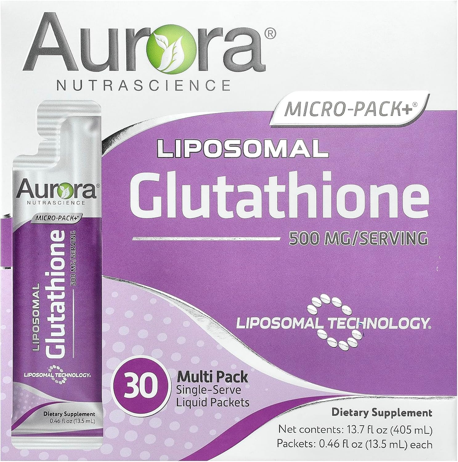 Aurora Nutrascience Micro-Liposomal Liquid Glutathione, Immune & Antioxidant Gut Health Support Supplement, 500 mg per Serving, Gluten Free, Non-GMO, Sugar-Free, 30 Single-Serve Packets