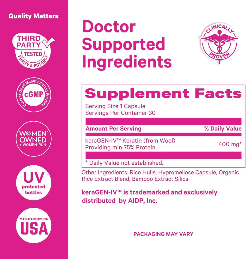 Pink Stork Keratin Hair Loss Supplement for Women - Clinically Studied KeraGEN-IV for Hair Care, Thinning, Shedding and Beauty - Hair Skin and Nails Support - Postpartum Hair Growth - 30 Capsules
