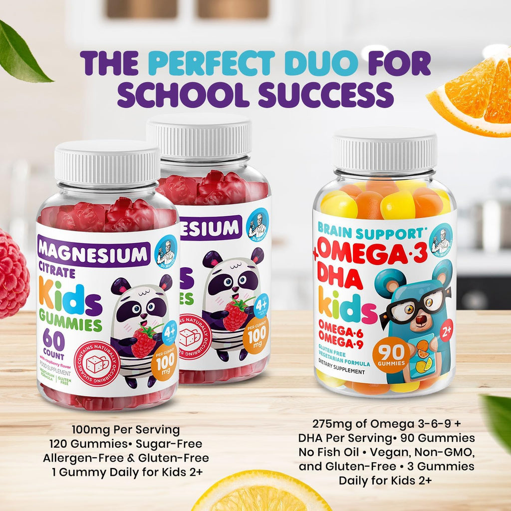 DR. MORITZ Calm Magnesium Gummies for Kids (60 Count, 2 Pack) and Kids Omega 3 Gummies (90 Count) Bundle - Low Sugar, Vegetarian, No Fish Oil