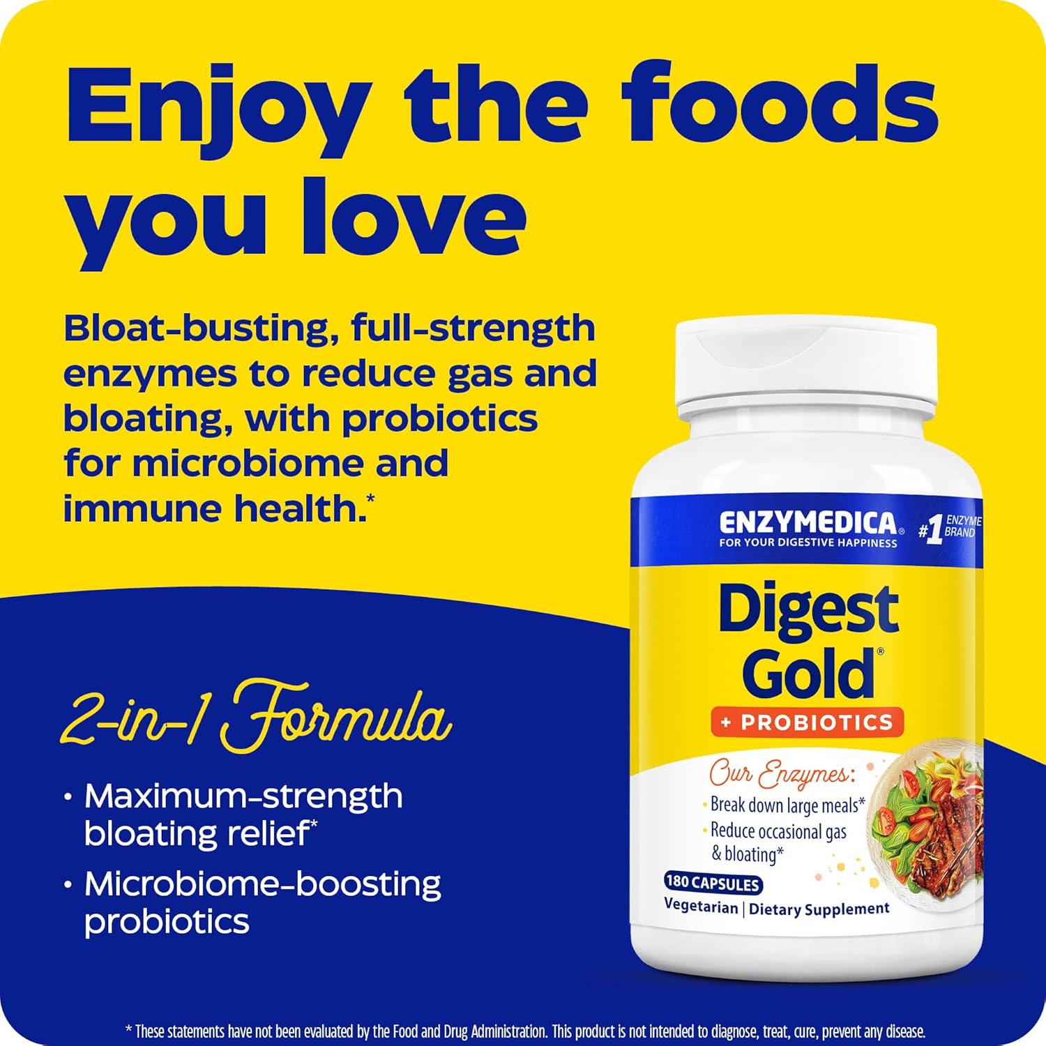 Enzymedica Digest Gold + Probiotics, 2-in-1 Formula for Gut Health, Digestive Enzymes & 1 Billion Active Probiotic Cultures, 180 Count (FFP)
