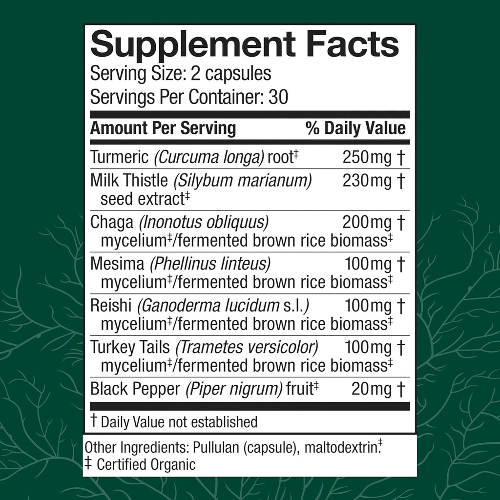 Host Defense MycoBotanicals Liver* Capsules - Liver Health Supplement with Milk Thistle & Turmeric Root - Mushroom Supplement with Turkey Tail, Reishi & Chaga - 60 Capsules (30 Servings)*